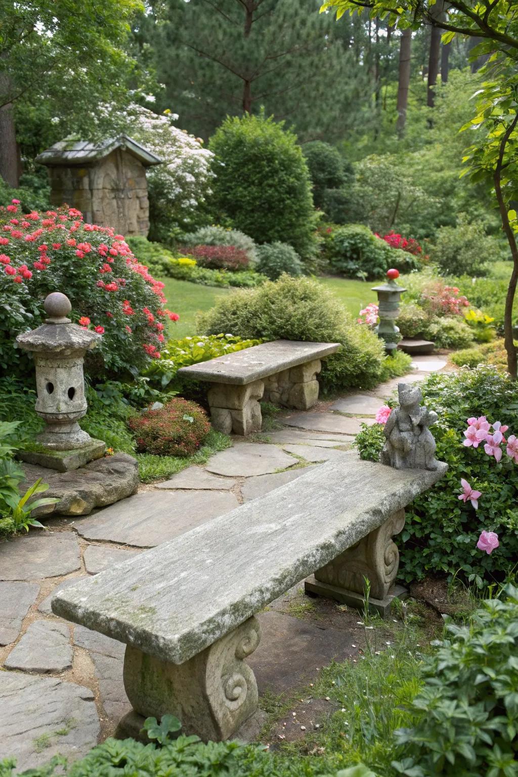 A garden enriched with natural stone elements for a touch of elegance.