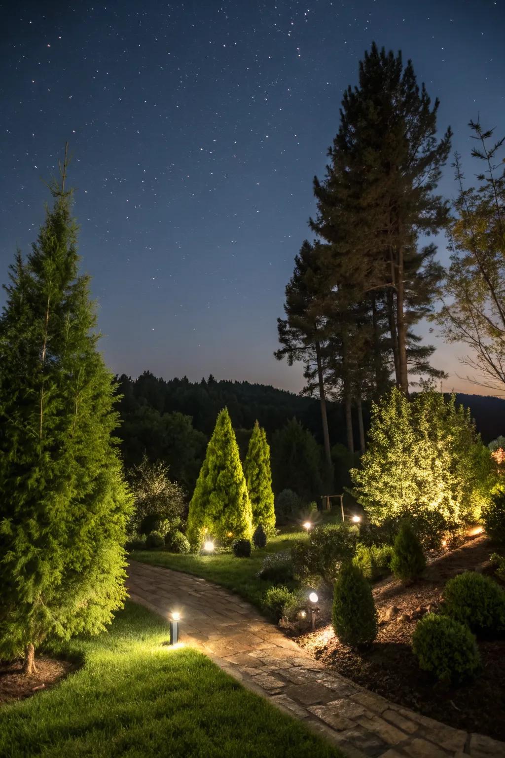 Garden lighting highlighting evergreens, creating a magical evening atmosphere.