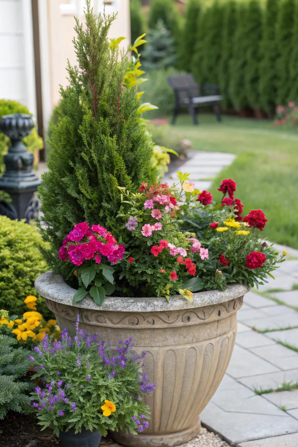 Colorful pairings: evergreens with a splash of color.