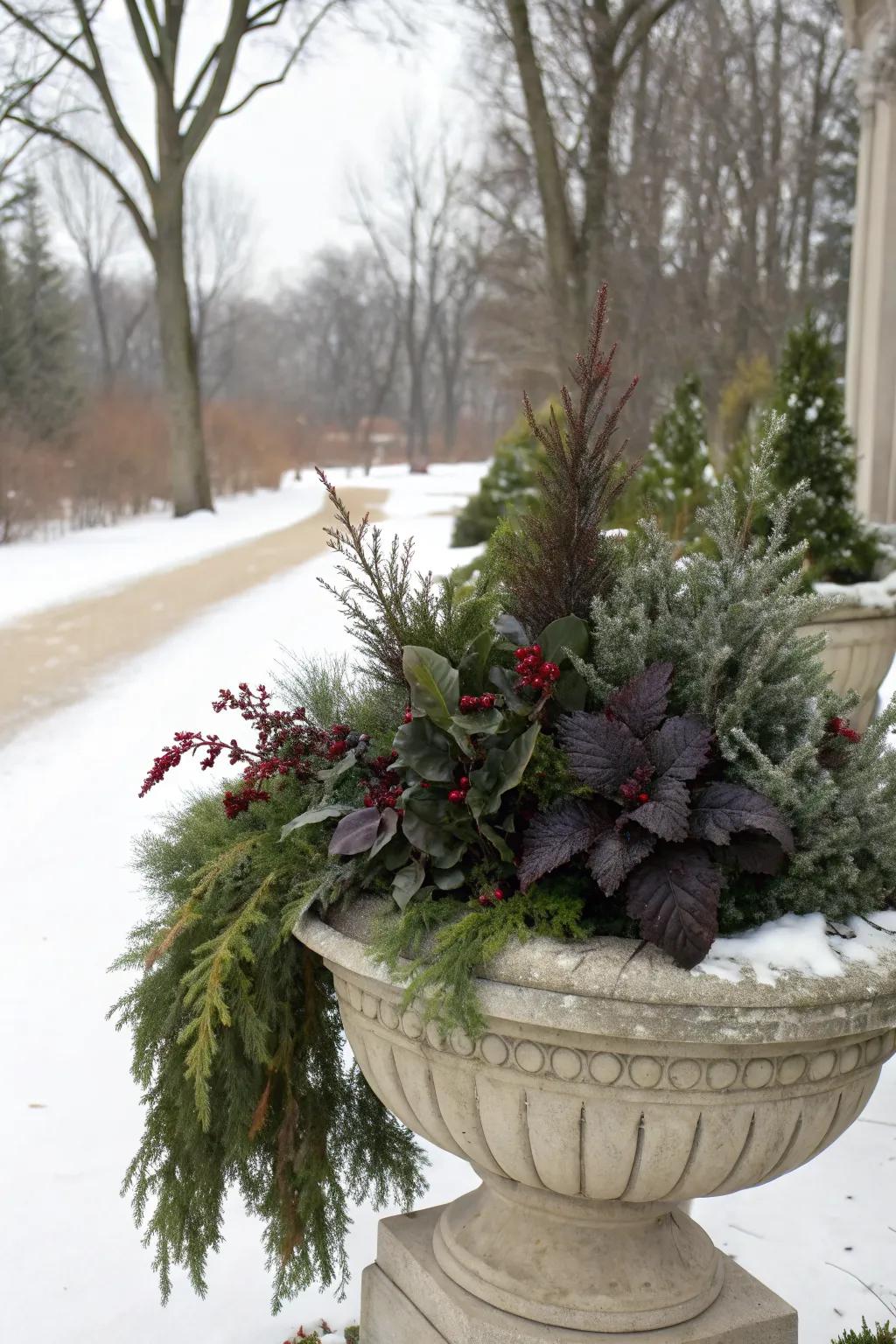Dark foliage creates a striking contrast in winter planters.