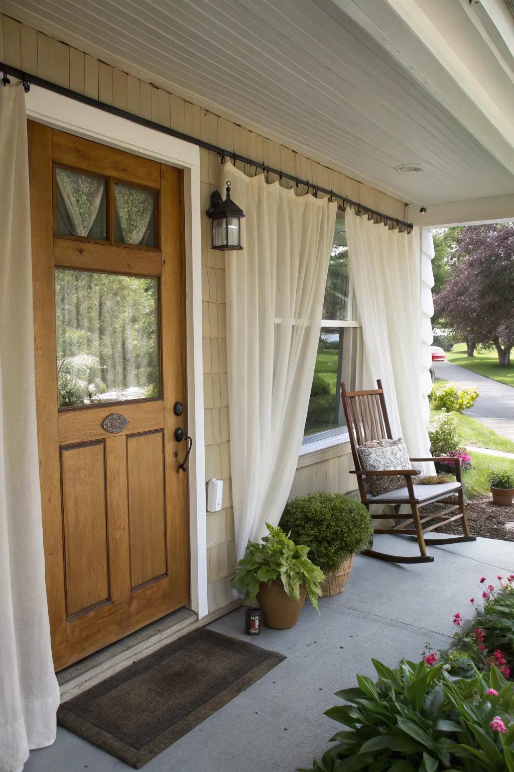 Cozy retreat: Curtains add privacy and style to a porch.