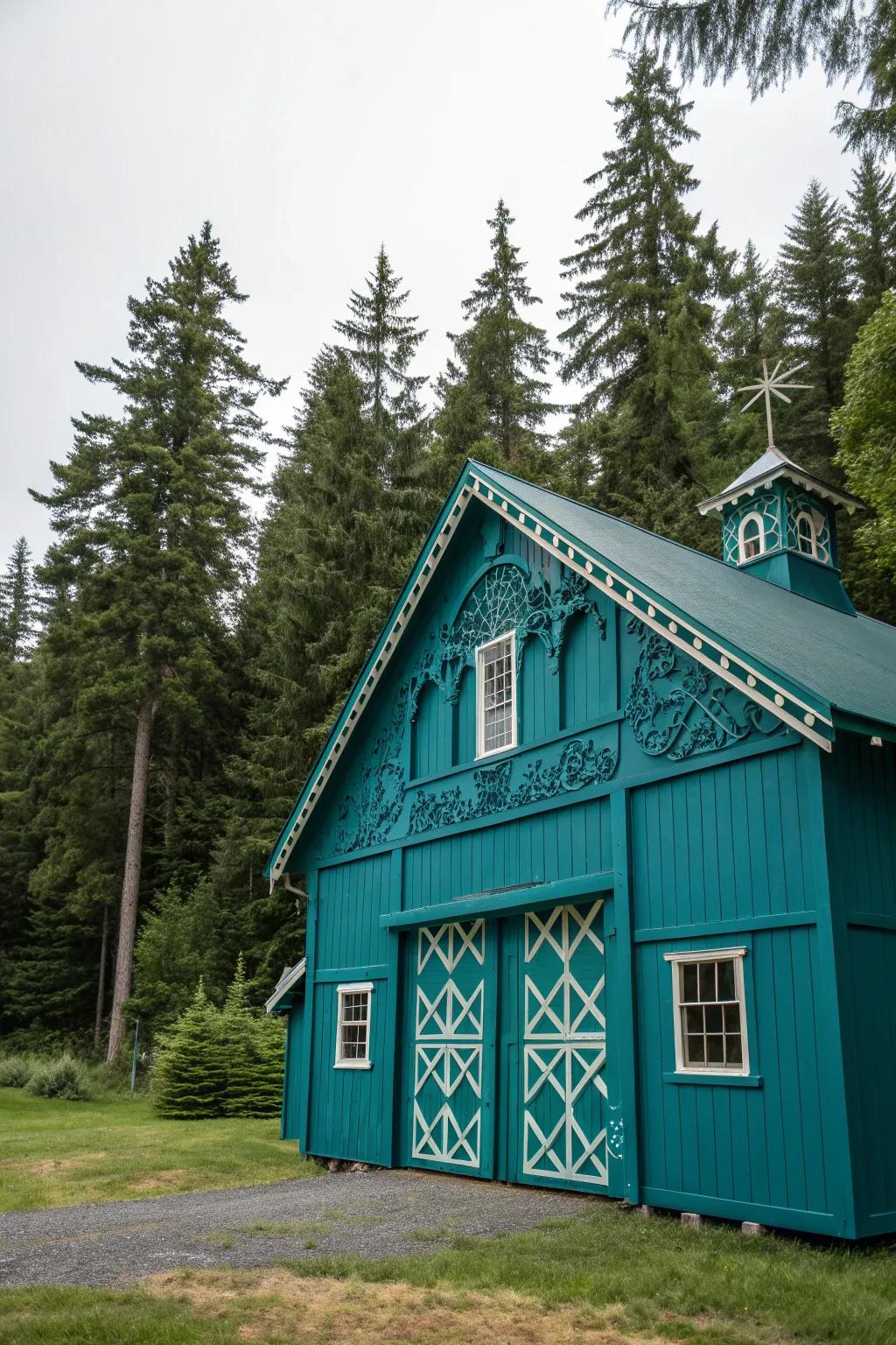 A teal barn that stands out with its rich and captivating hue.