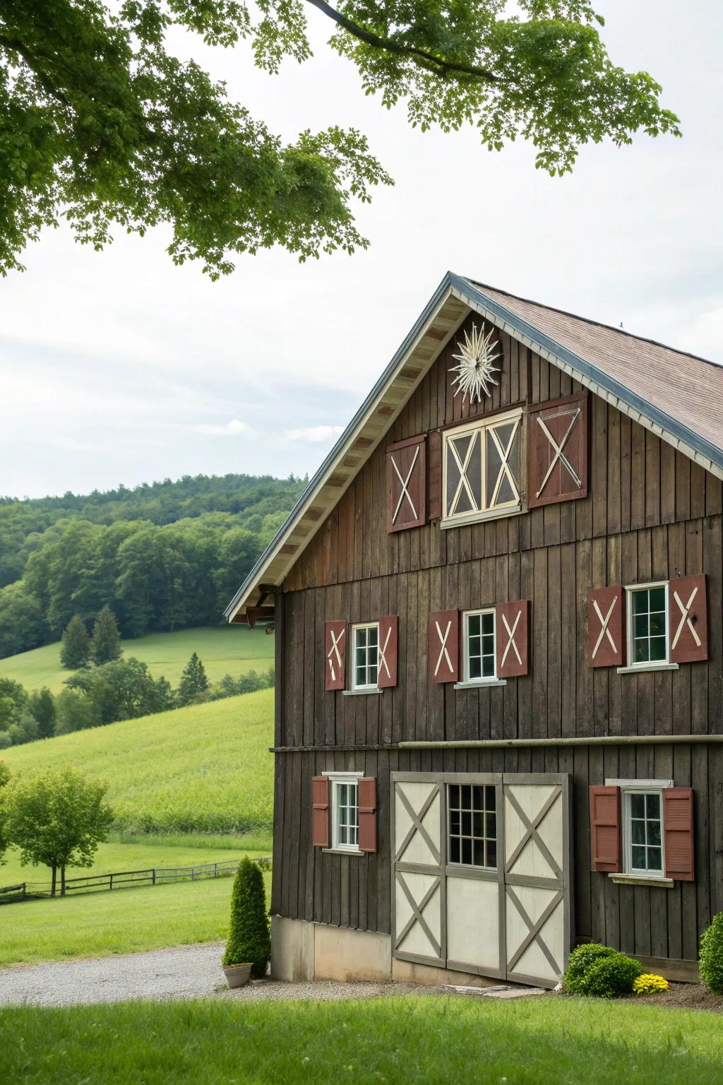 Decorative shutters add character and charm to barn windows.