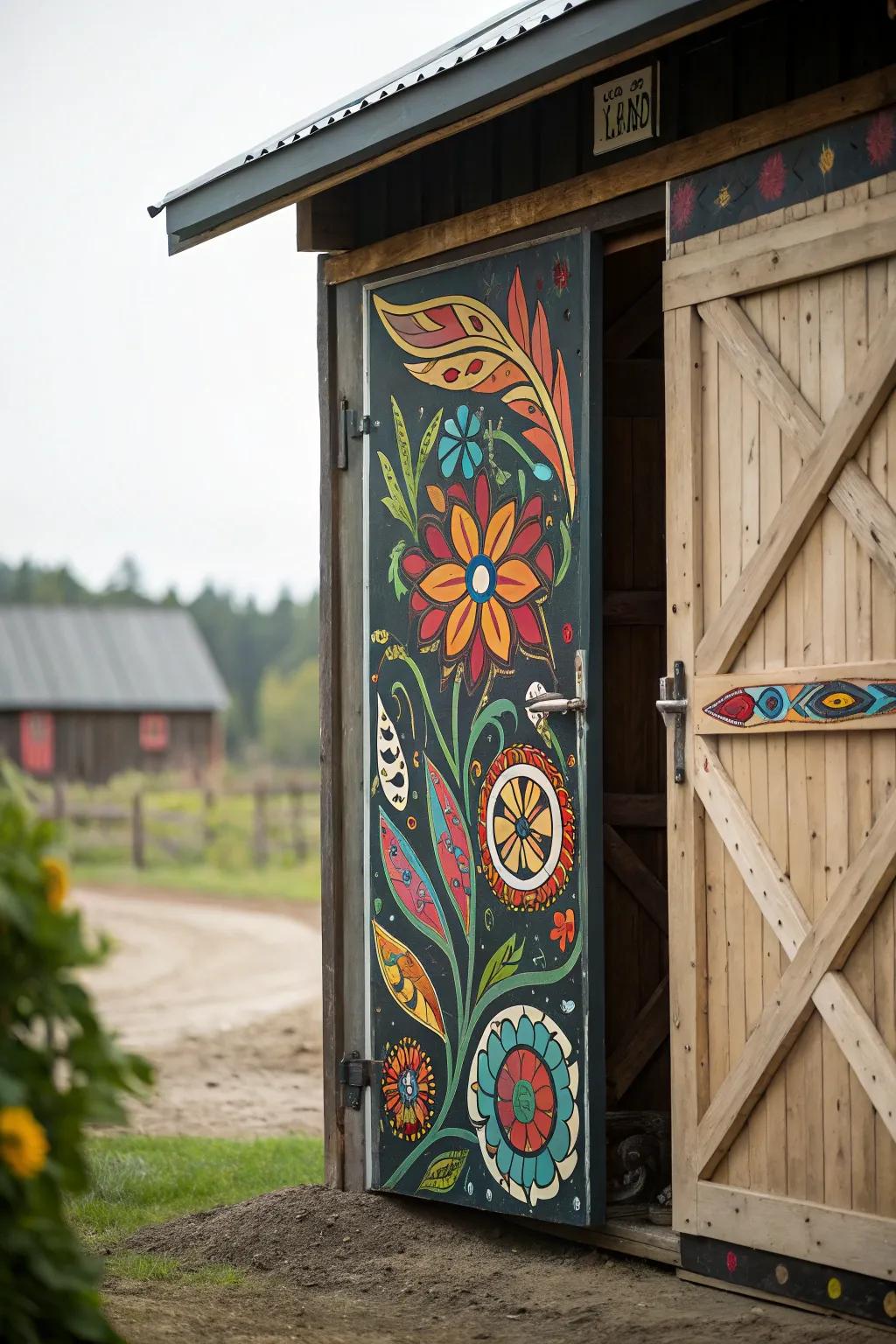 Artistic barn door as a creative masterpiece.