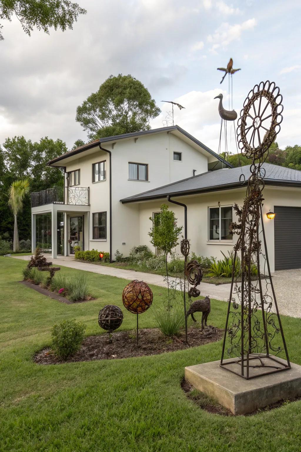 Unique metal sculptures add a creative flair to the flat front house.