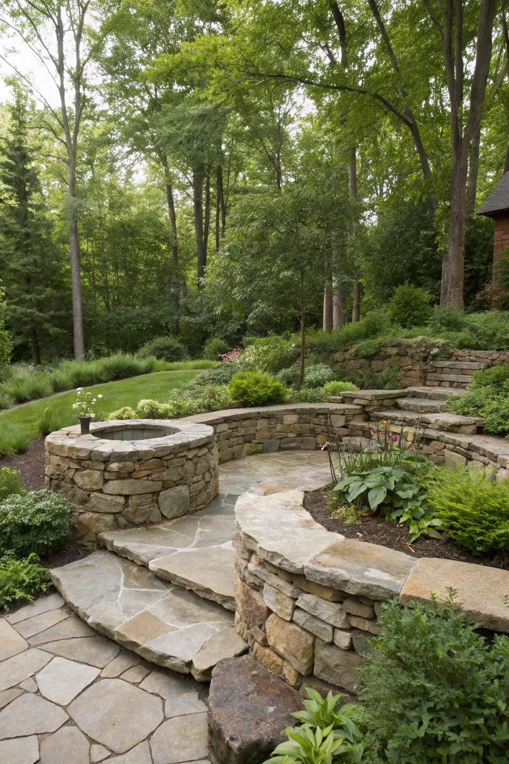 Natural stone landscaping integrates the foundation with the garden.