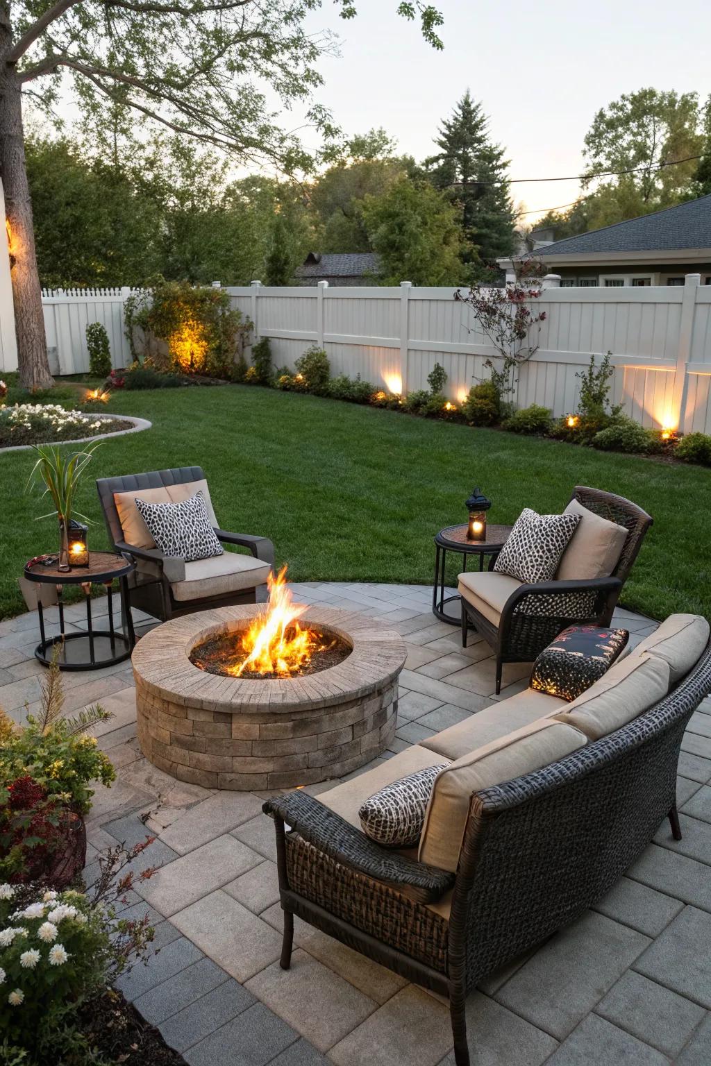 A fire pit creates a warm gathering place.