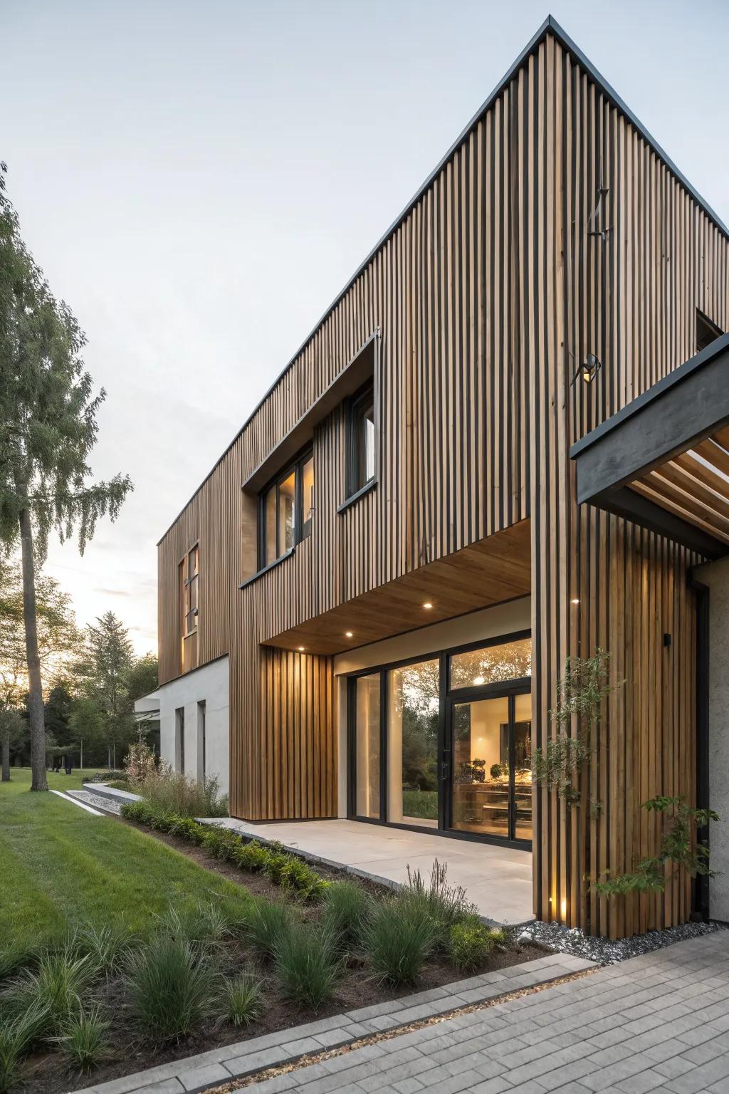 Home with dynamic wood slat cladding