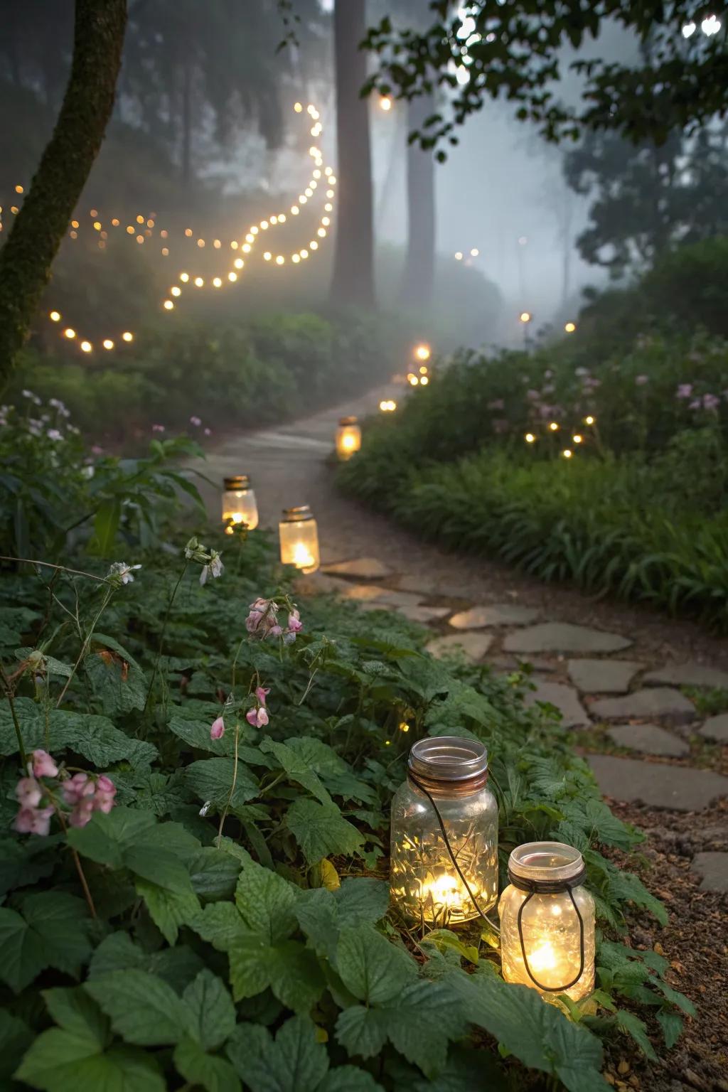 A warm glow from glass jar lanterns illuminating a magical fairy garden.