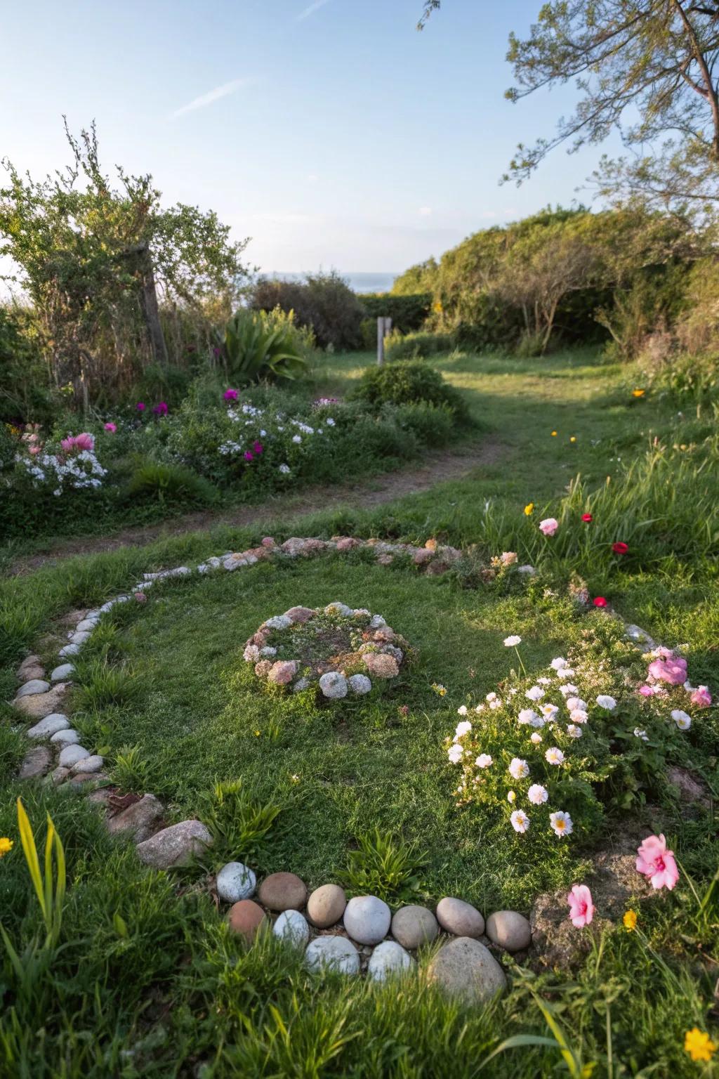 A magical fairy ring created with stones and flowers, perfect for gatherings.