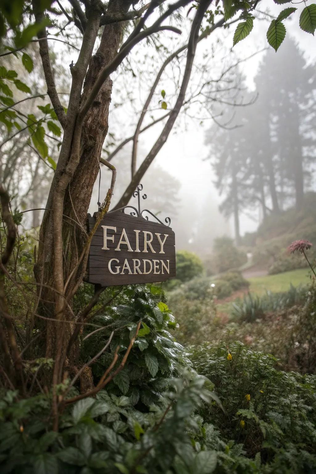 A fairy garden sign with a cryptic message, adding mystery among the plants.