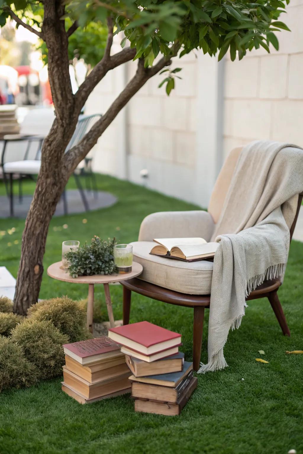 An inviting outdoor reading room on artificial grass.