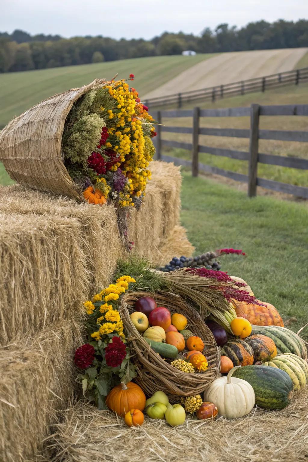 A cornucopia display celebrates the fall harvest with abundance.