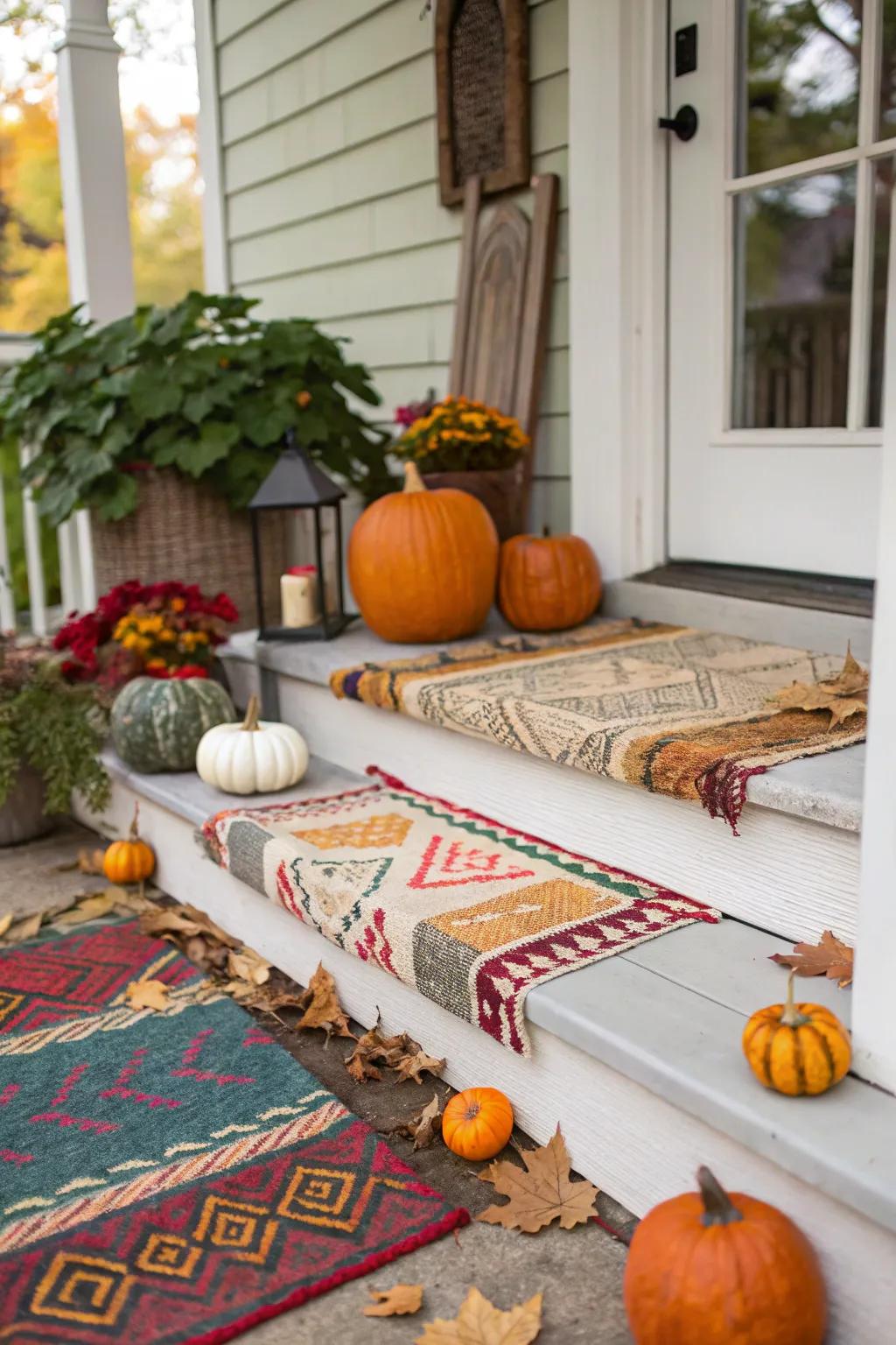 Layered rugs add warmth and depth to the porch.