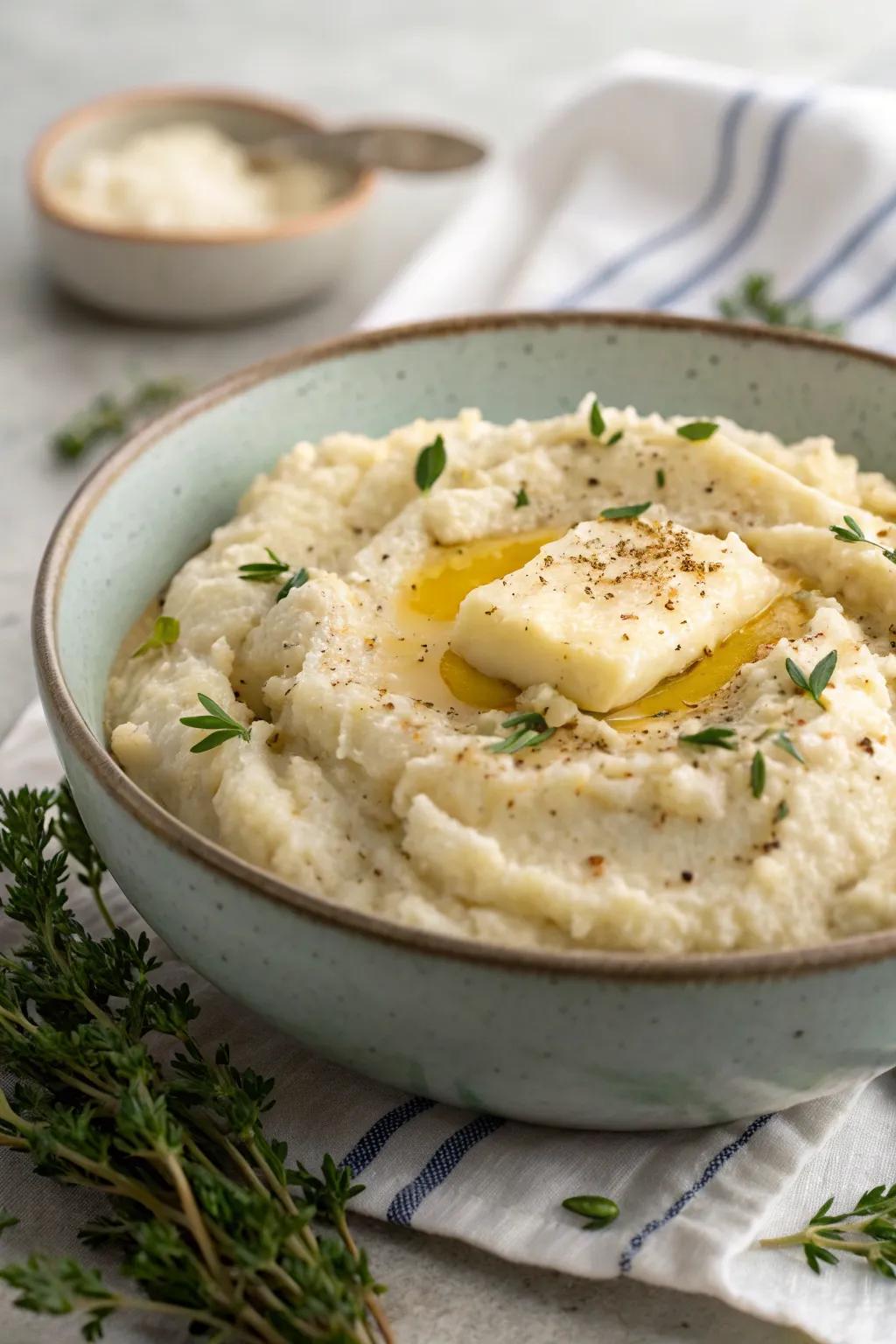 Creamy cauliflower mash, a healthier take on a classic comfort food.