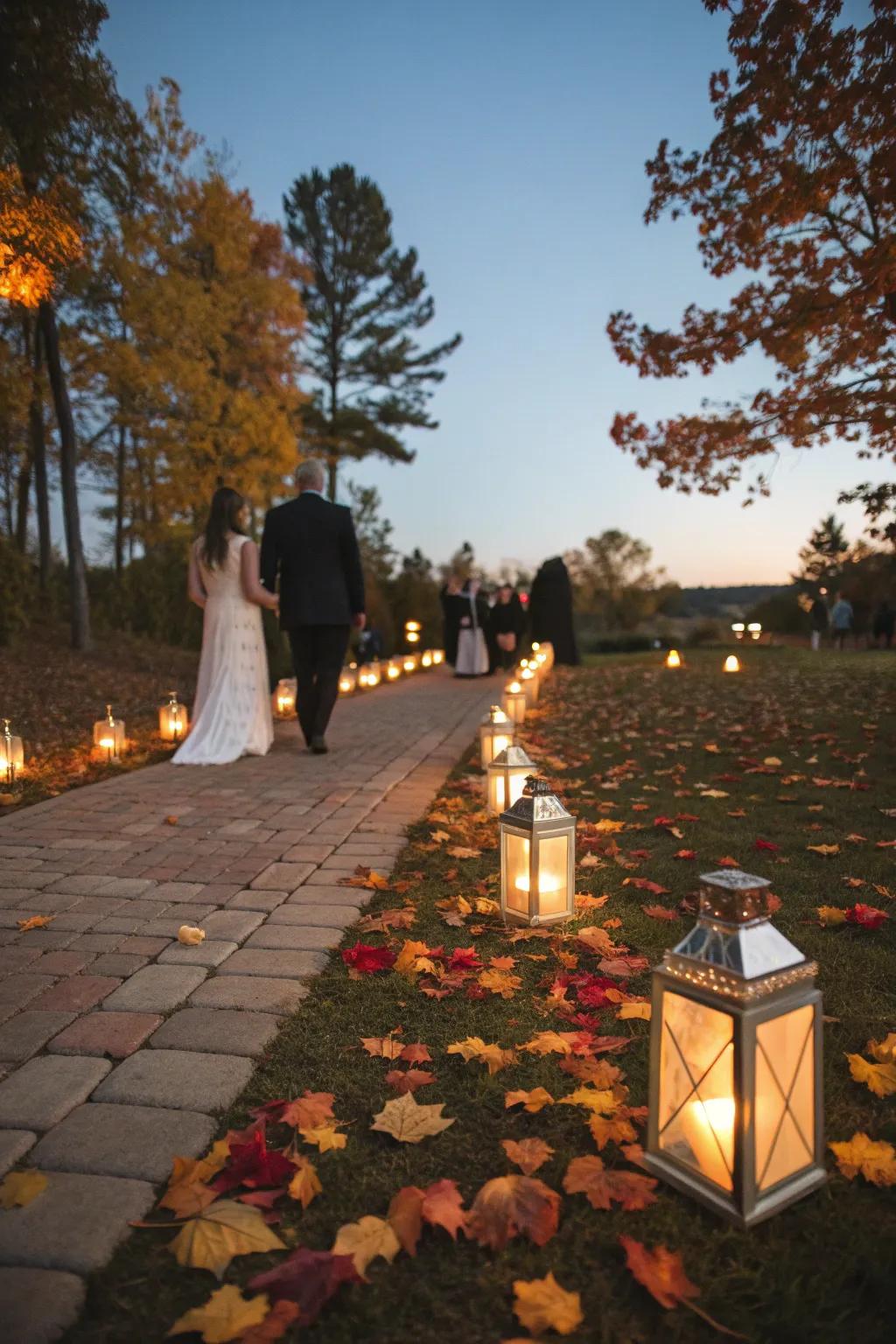 Lanterns lighting up the pathway at a fall wedding.