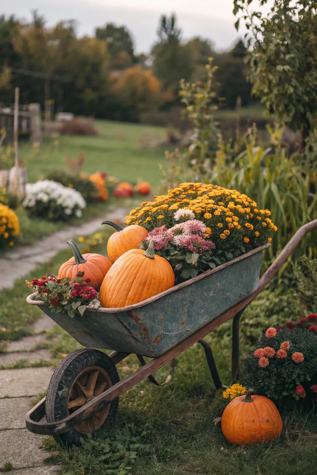 A whimsical wheelbarrow display adds charm and character.