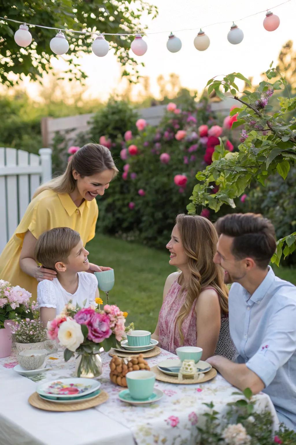 Garden party family gathering, surrounded by blooms and laughter.