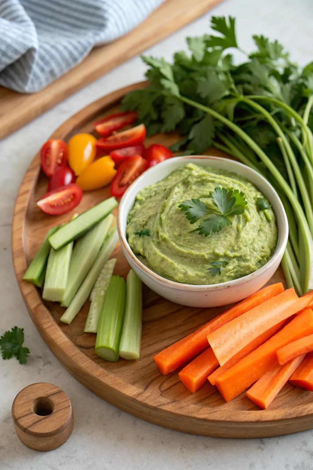 Cilantro hummus with fresh veggie sticks, a nutritious and flavorful snack.
