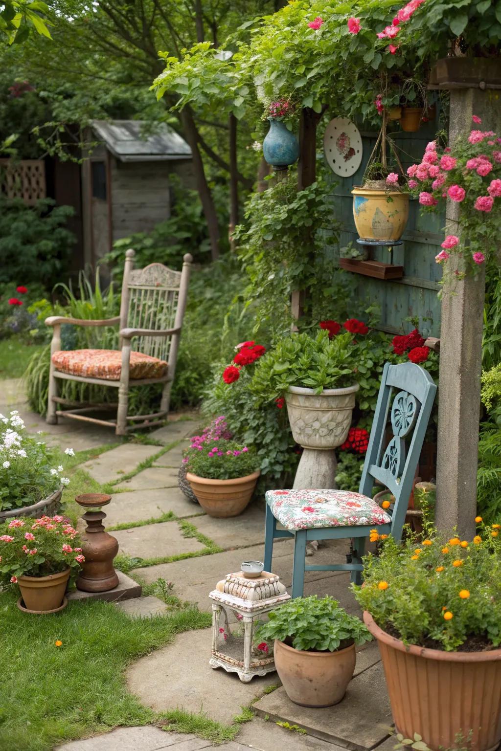 Eco-friendly creativity with upcycled garden materials.