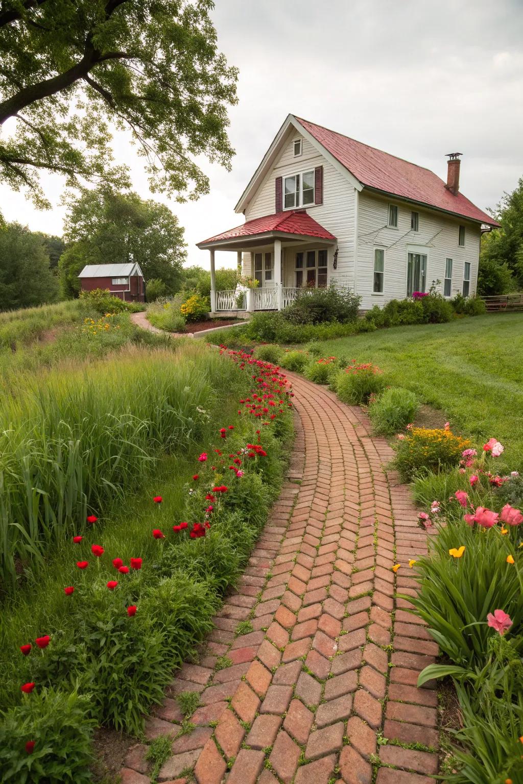 Brick paths providing a warm and inviting feel to a driveway.