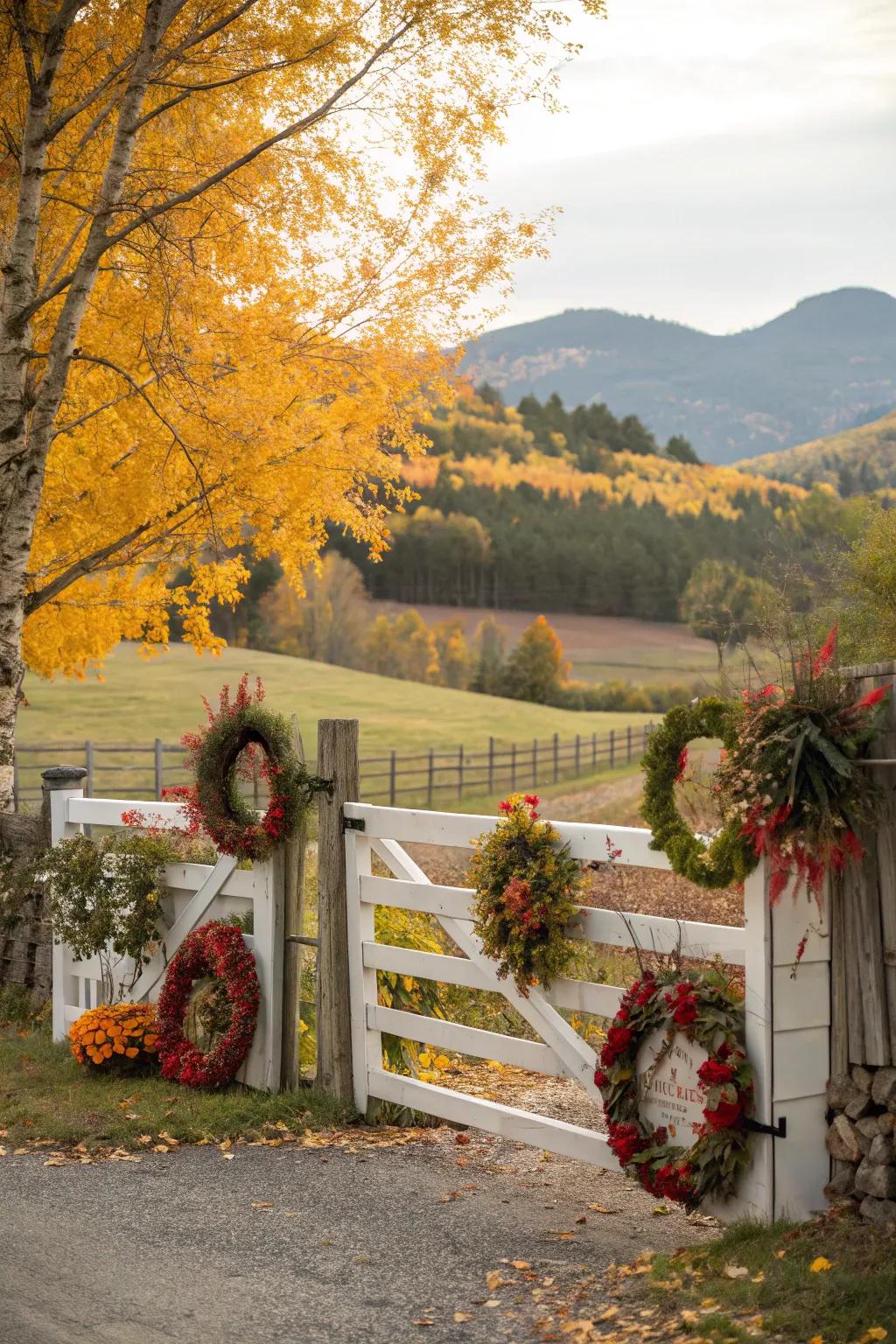 Seasonal decorations add a festive and welcoming touch to the farm gate.