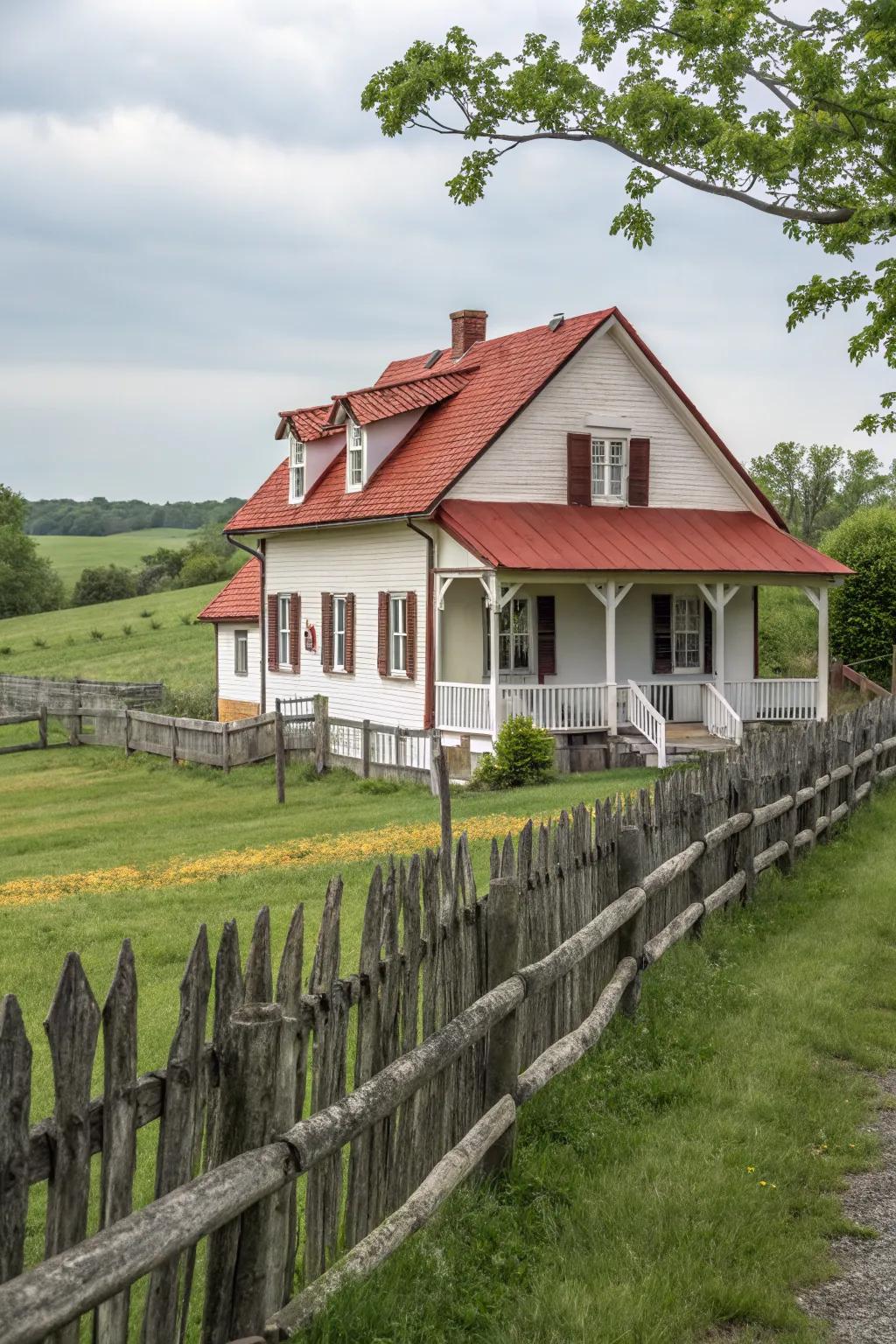A farm-style fence frames the property and complements the farmhouse aesthetic.