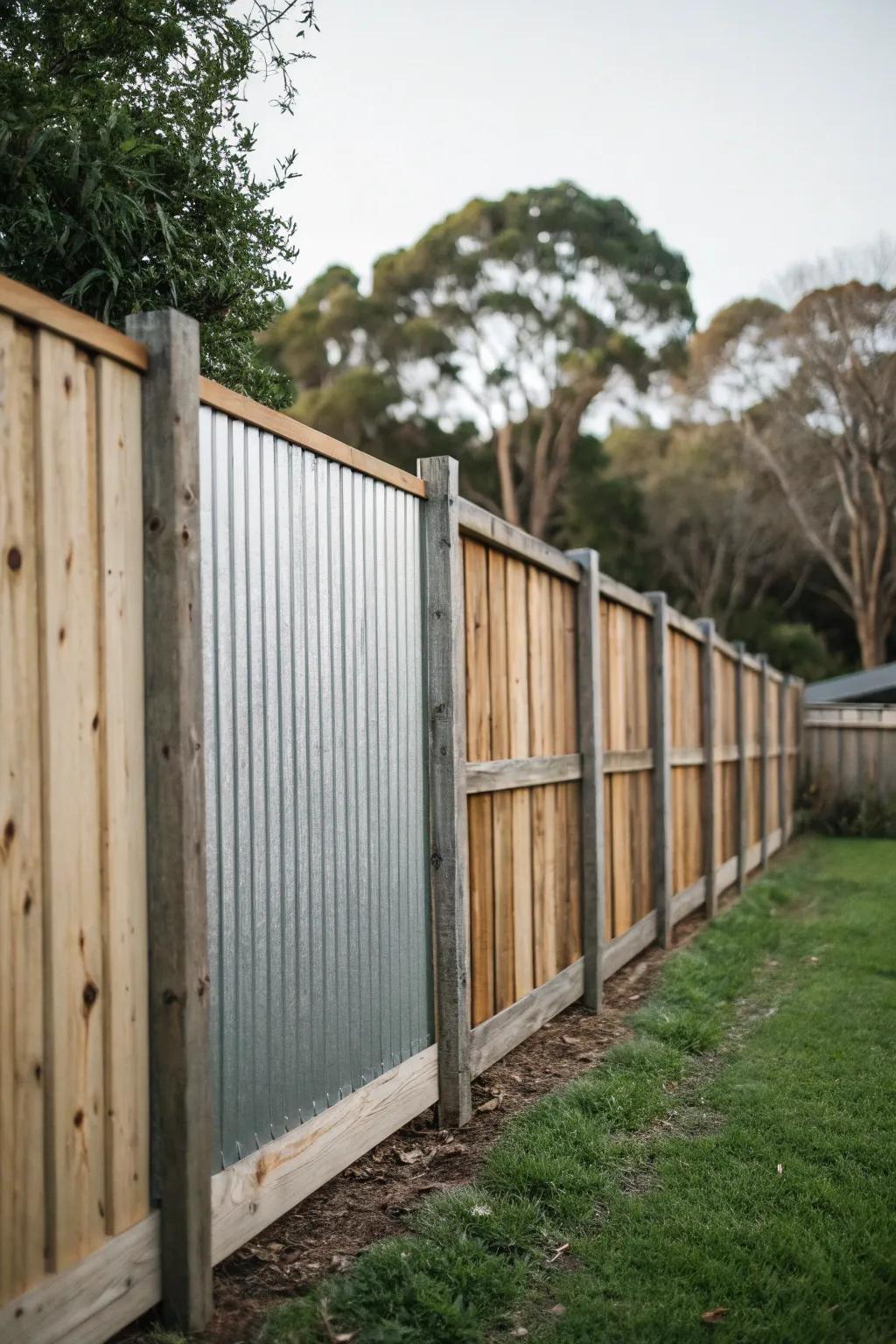 Corrugated metal and wood create a contemporary farmhouse fence.