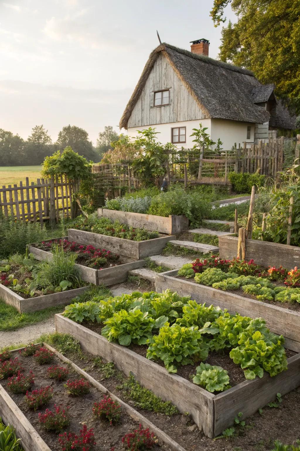 Multi-level planting with raised beds adds depth and interest to this dynamic farmhouse garden.
