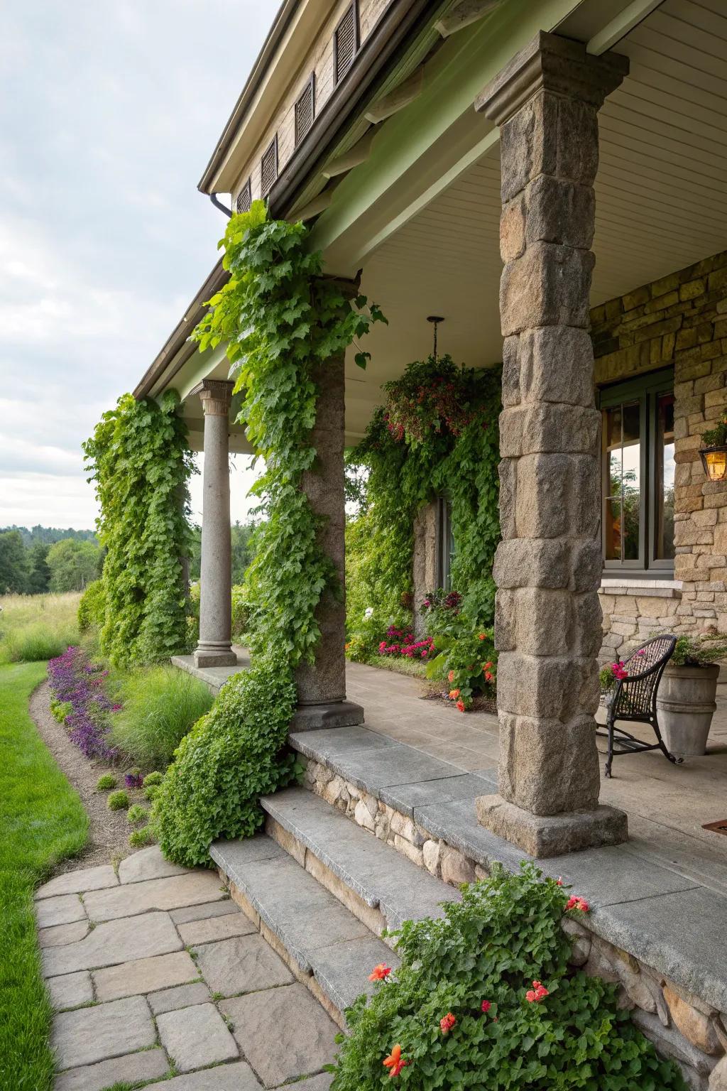 Vertical gardens add greenery and vibrancy to stone columns.
