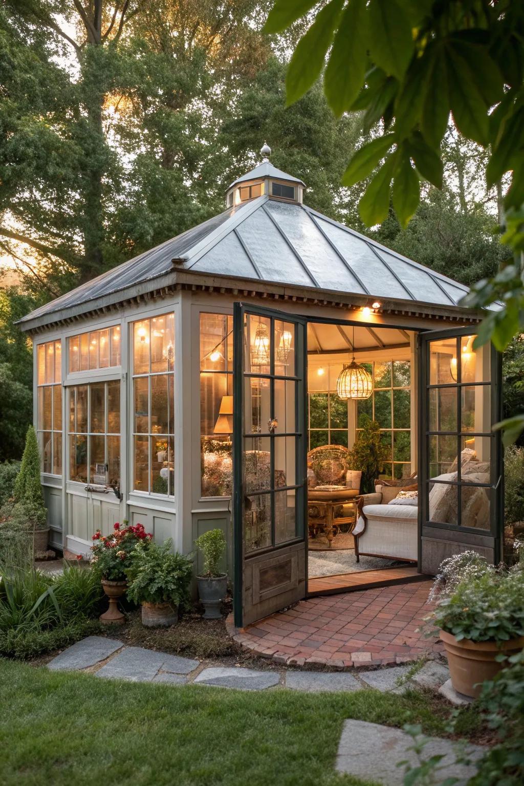An enclosed design provides comfort and protection in this farmhouse gazebo.