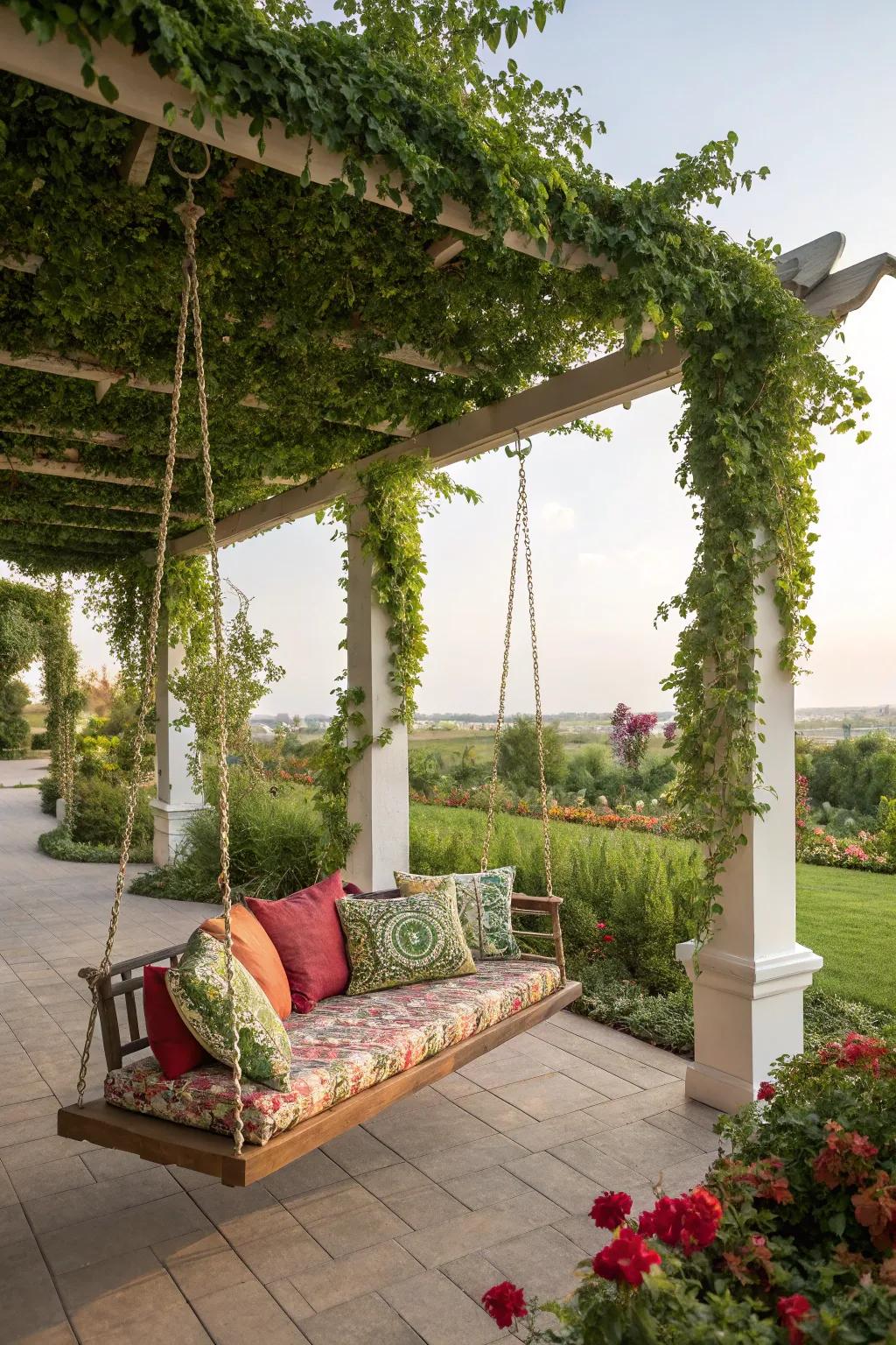 A swing under your pergola adds whimsy and relaxation.