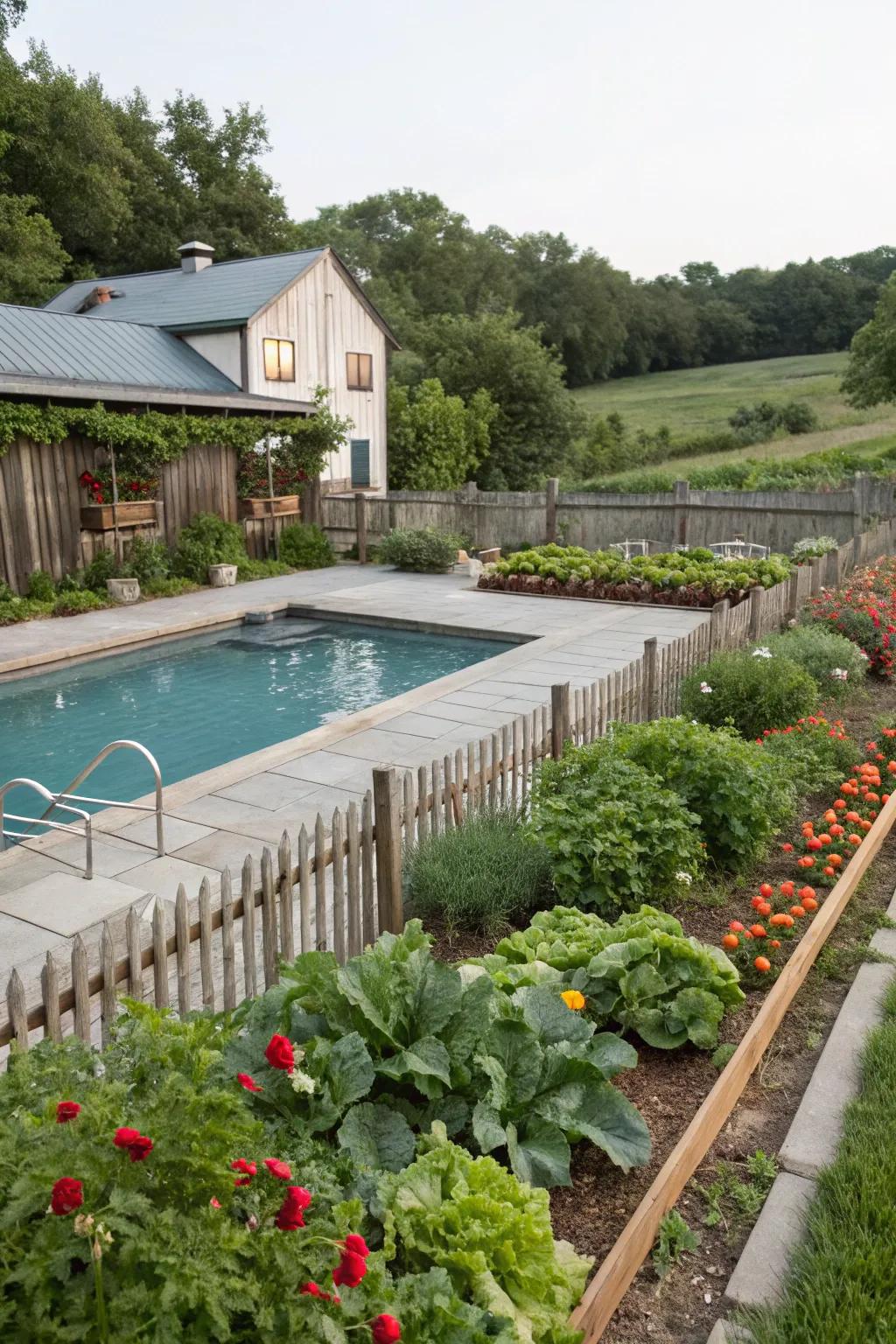 A vegetable garden adds a fresh touch to a farmhouse pool.