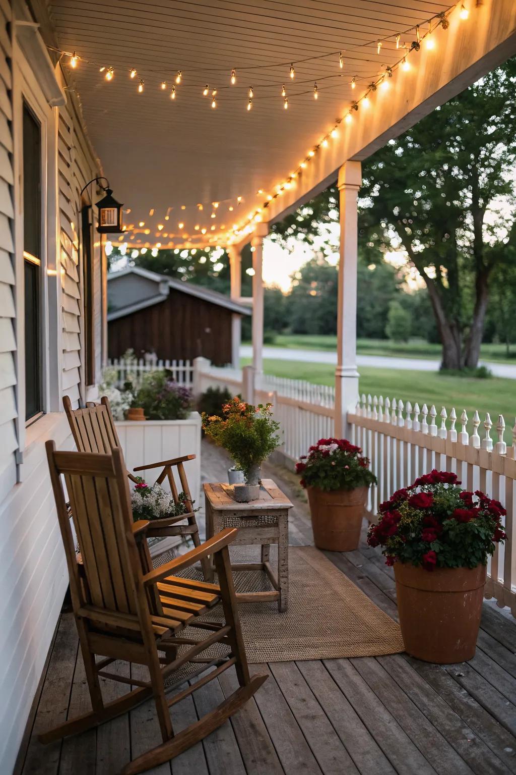 String lights add a magical ambiance to your farmhouse porch.