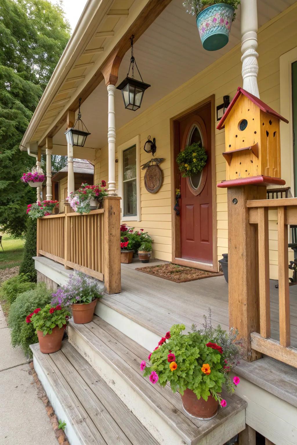 Charming birdhouses add whimsy to the porch.