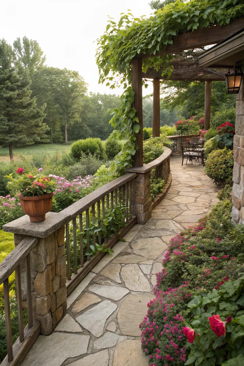 Stone pathways extending from the deck create a seamless garden flow.