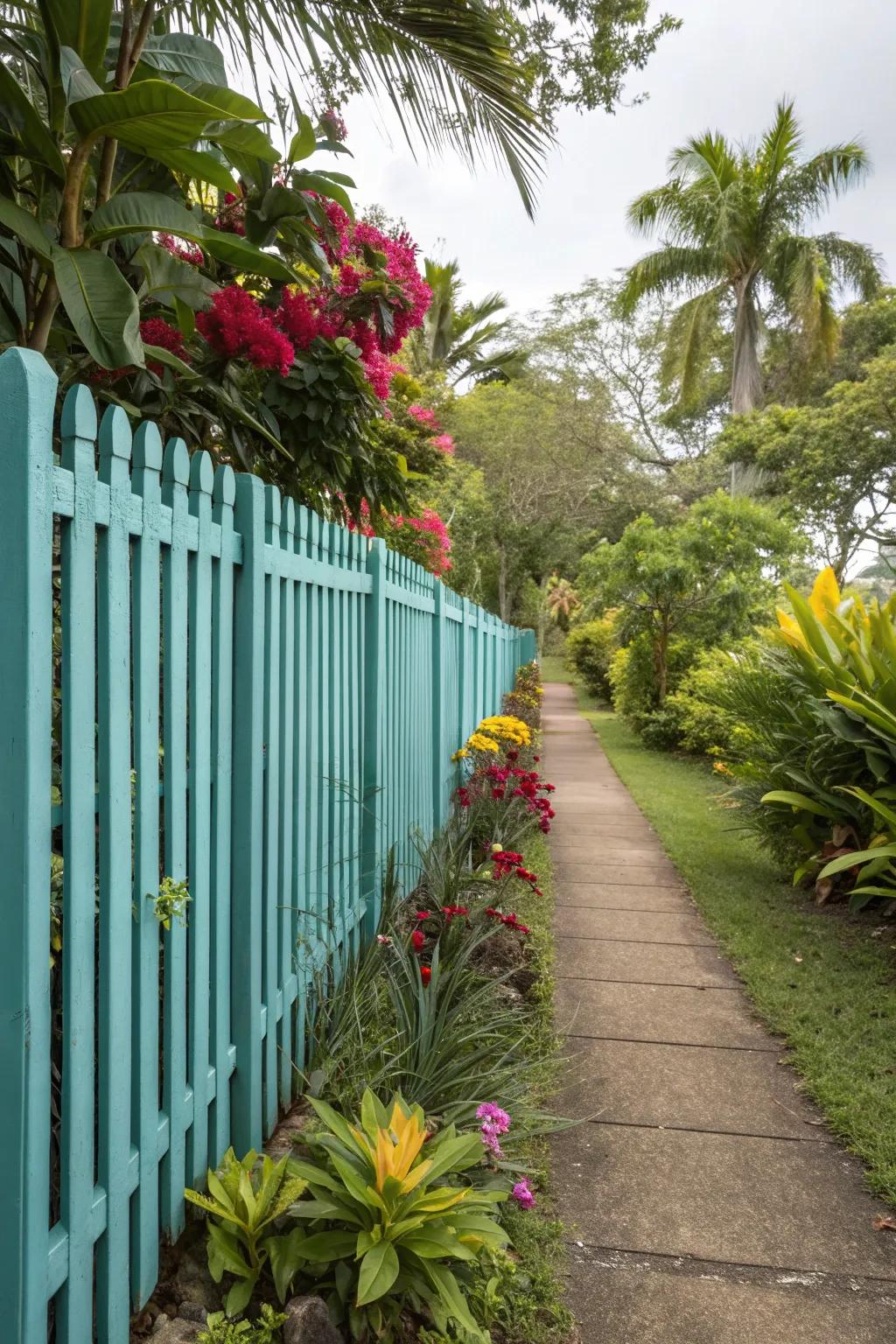 Turquoise fences bring a vibrant, tropical vibe to outdoor spaces.