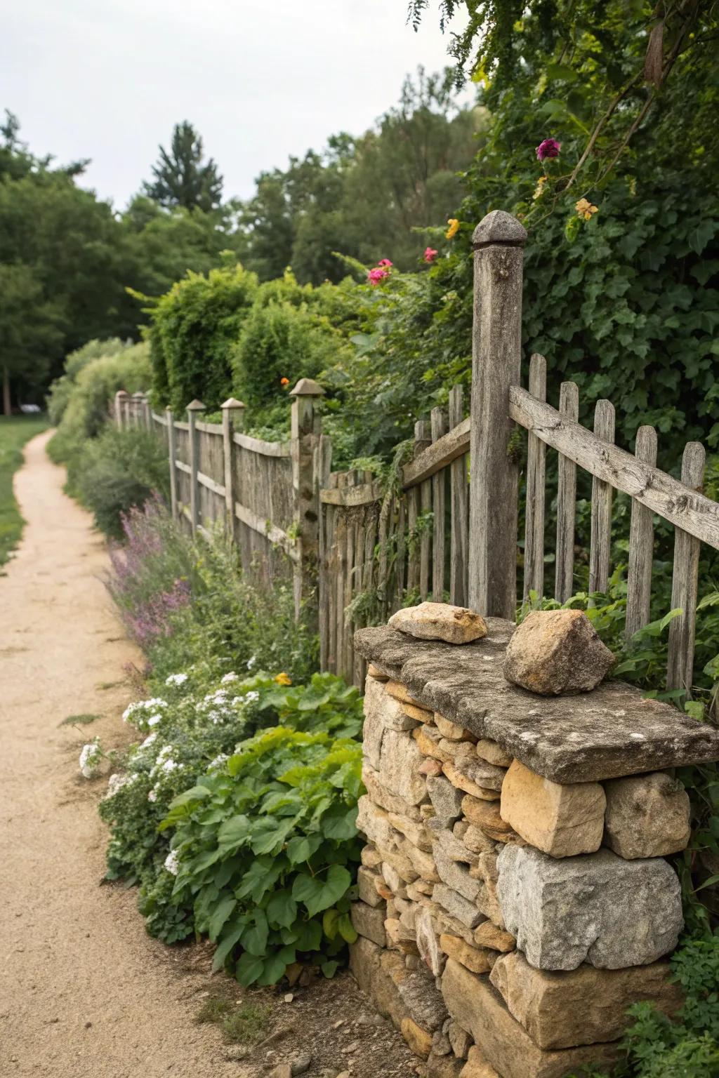 Stone accents grounding the garden fence with natural texture.