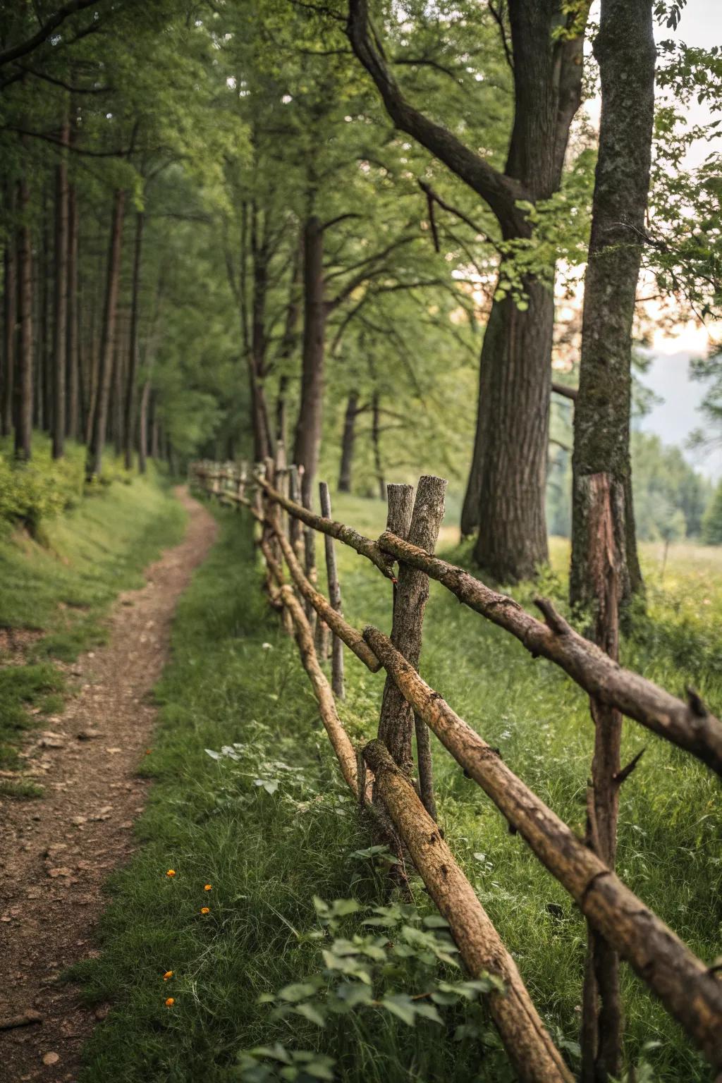 Rustic charm with a fence extension using wooden branches.