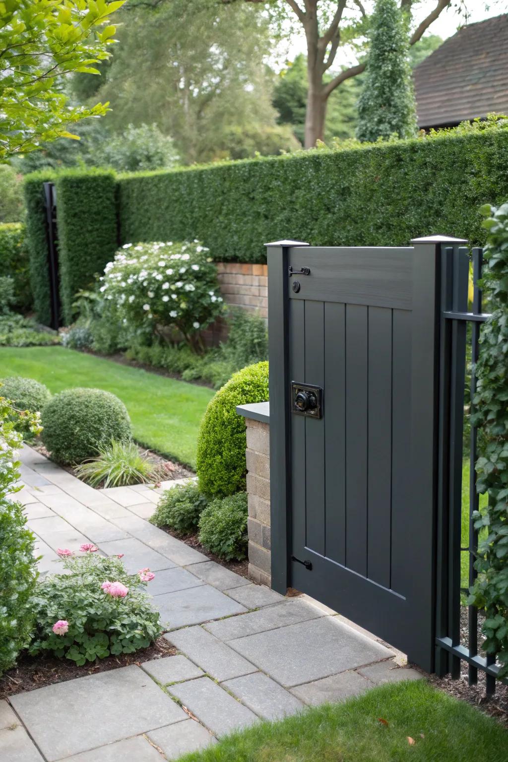 Hidden pivot latches provide a seamless and modern gate design.