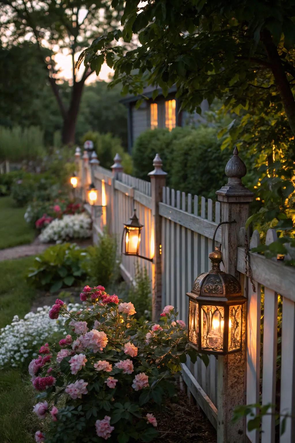 Vintage lantern toppers casting a nostalgic glow over a garden fence.