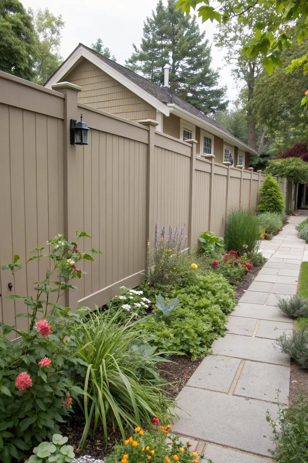 A taupe stained fence offers timeless elegance in a diverse garden setting.