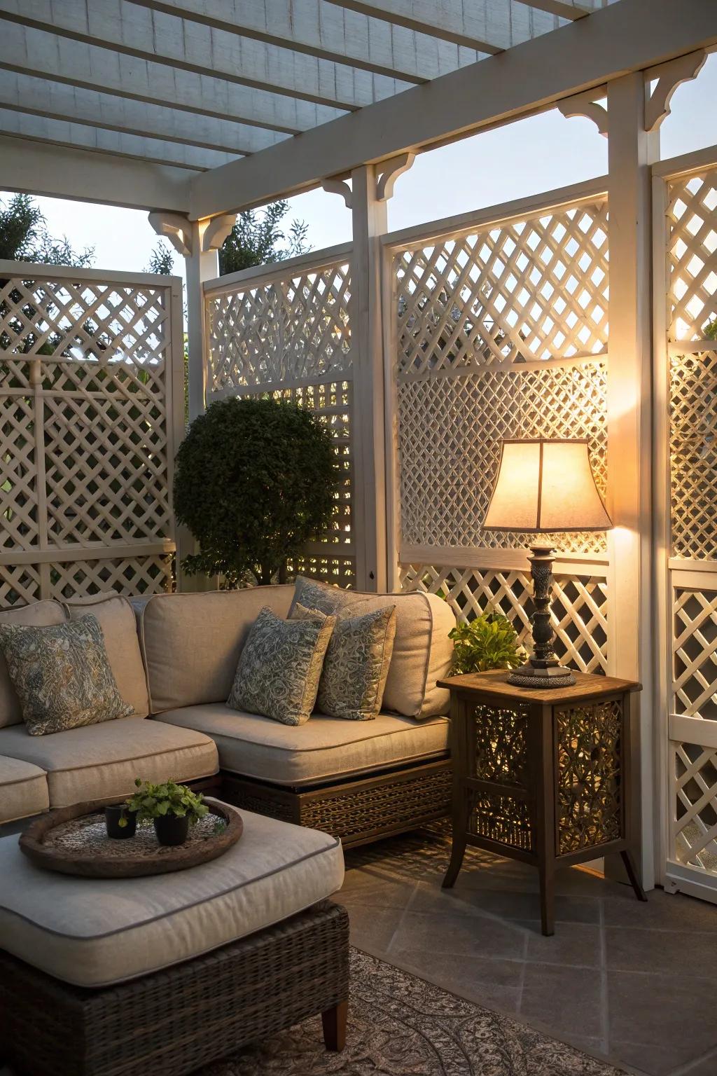 Cozy and private nook on the patio with elegant lattice panels.
