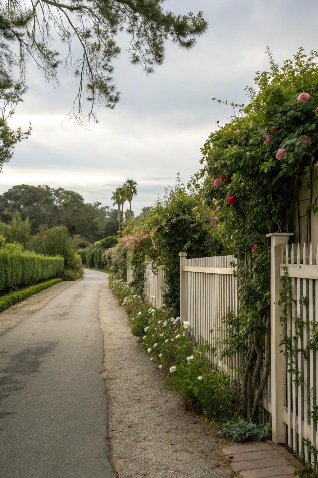 Greenery-infused fences create a natural and inviting entrance.