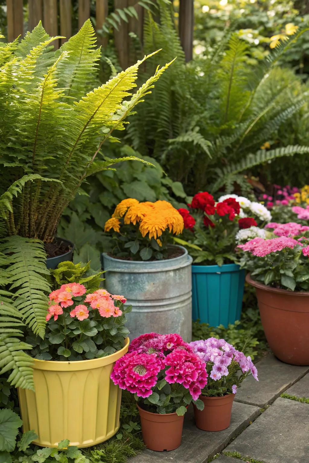 Bright flowers and containers add color among lush ferns.