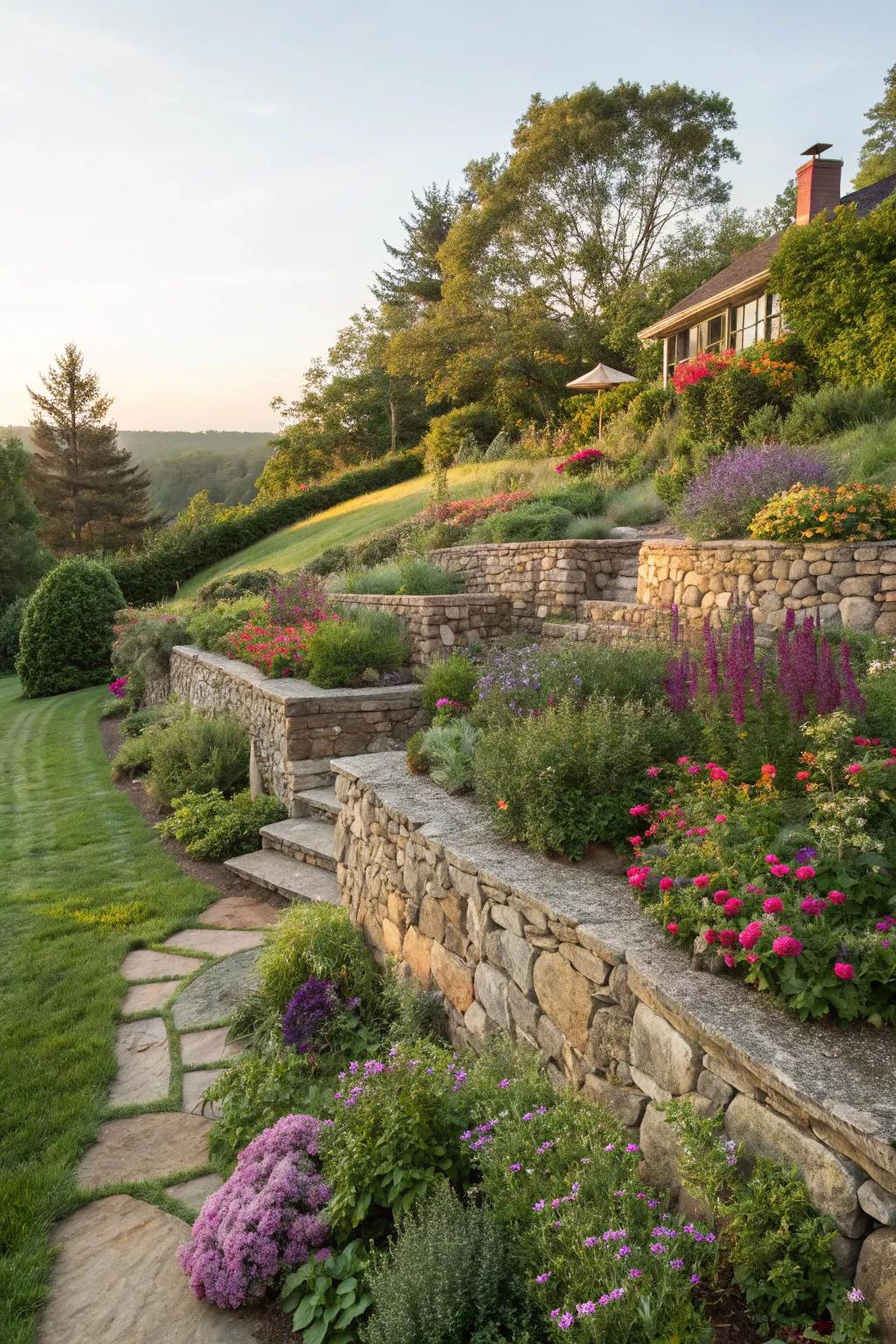 Fieldstone terraces add levels and depth to garden landscapes.