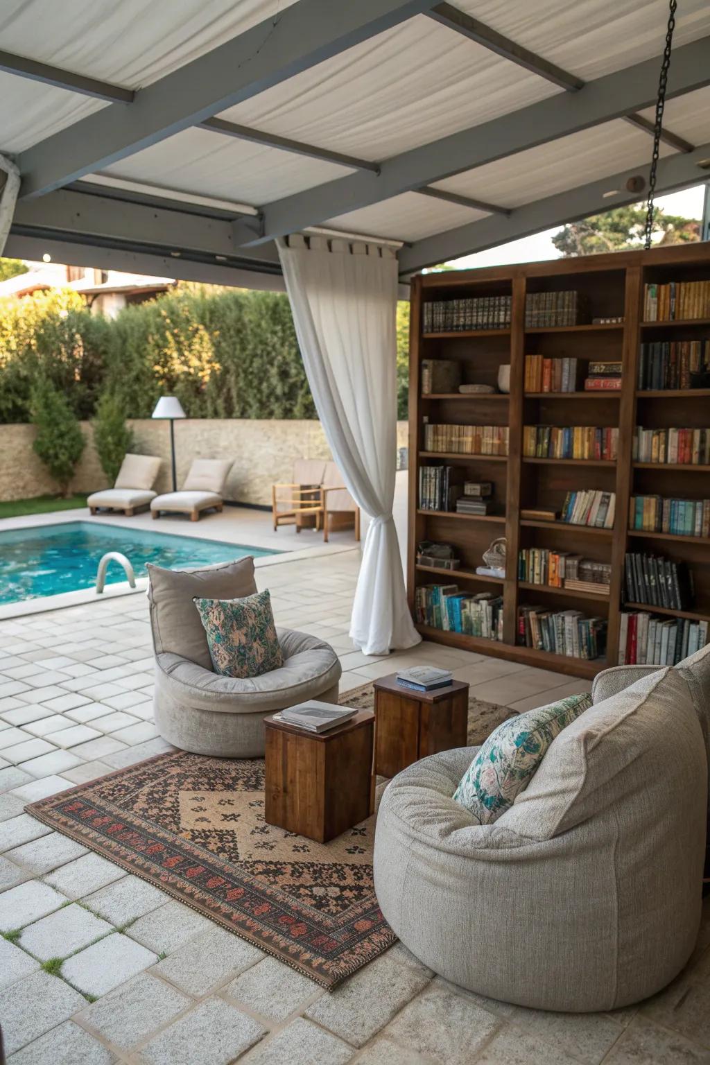 A delightful reading nook replaces a filled-in pool.