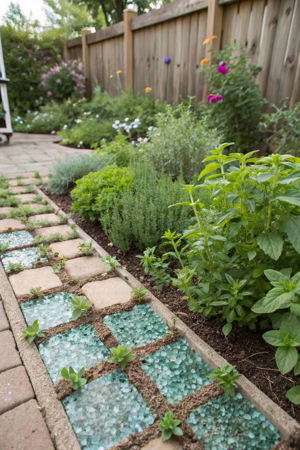Recycled glass mulch offers a sustainable, colorful option between pavers.