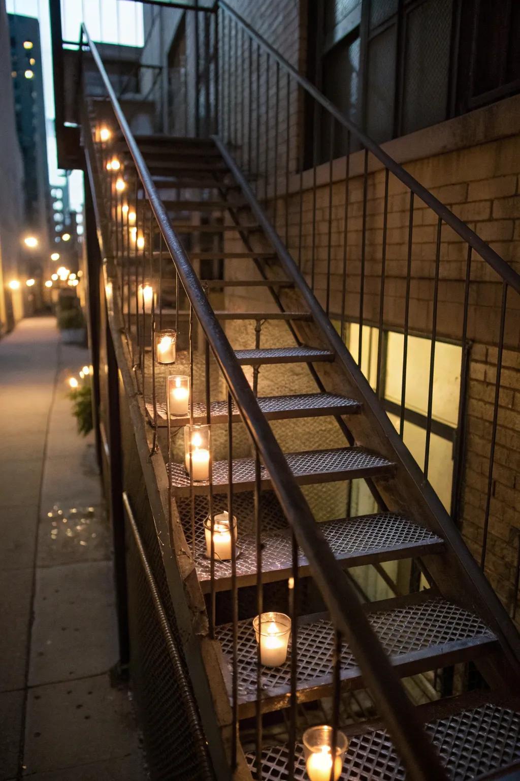 Tealight holders attached to a fire escape railing, creating a warm glow.