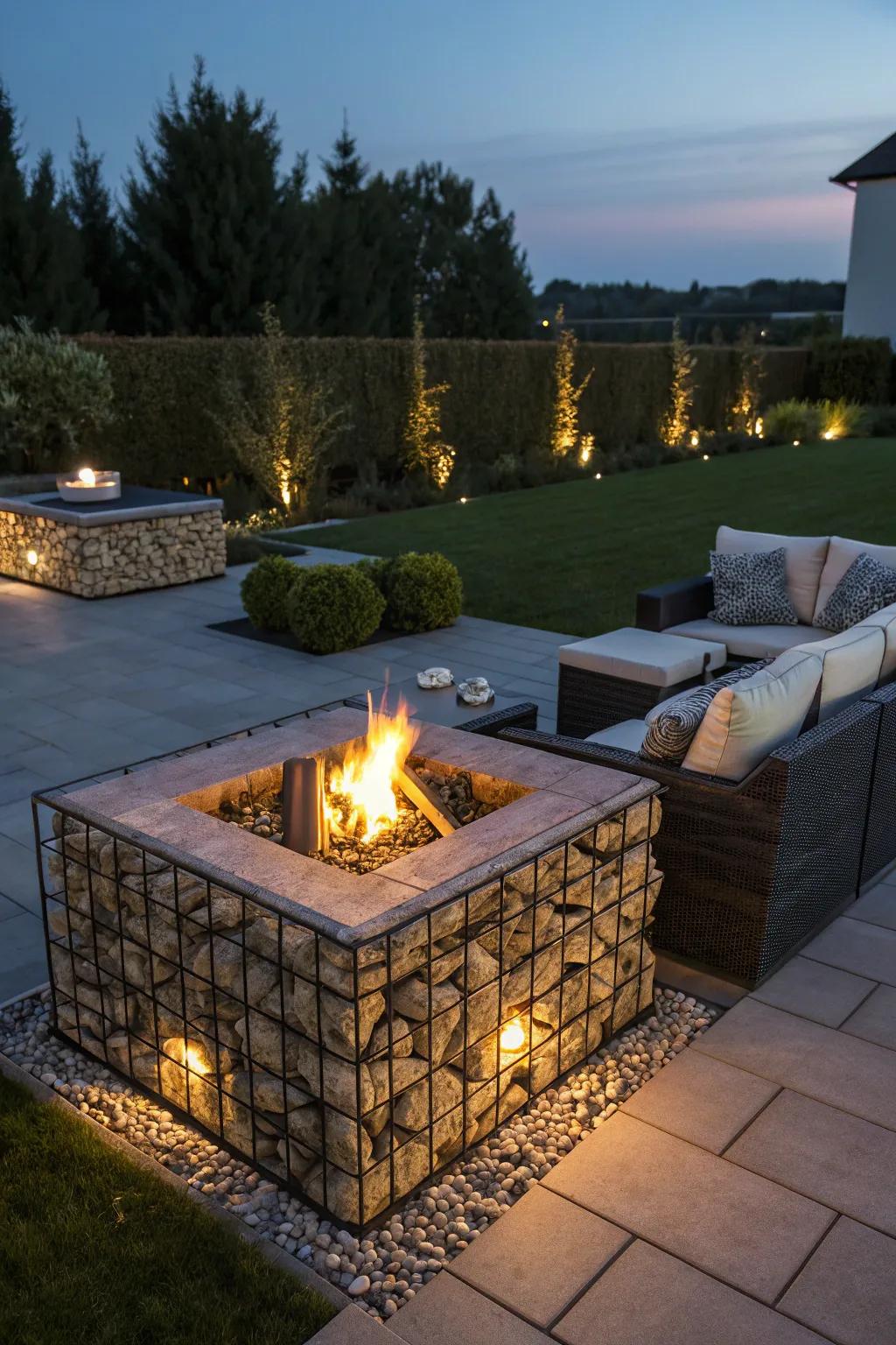 Gabion walls provide an industrial yet natural fire pit base.
